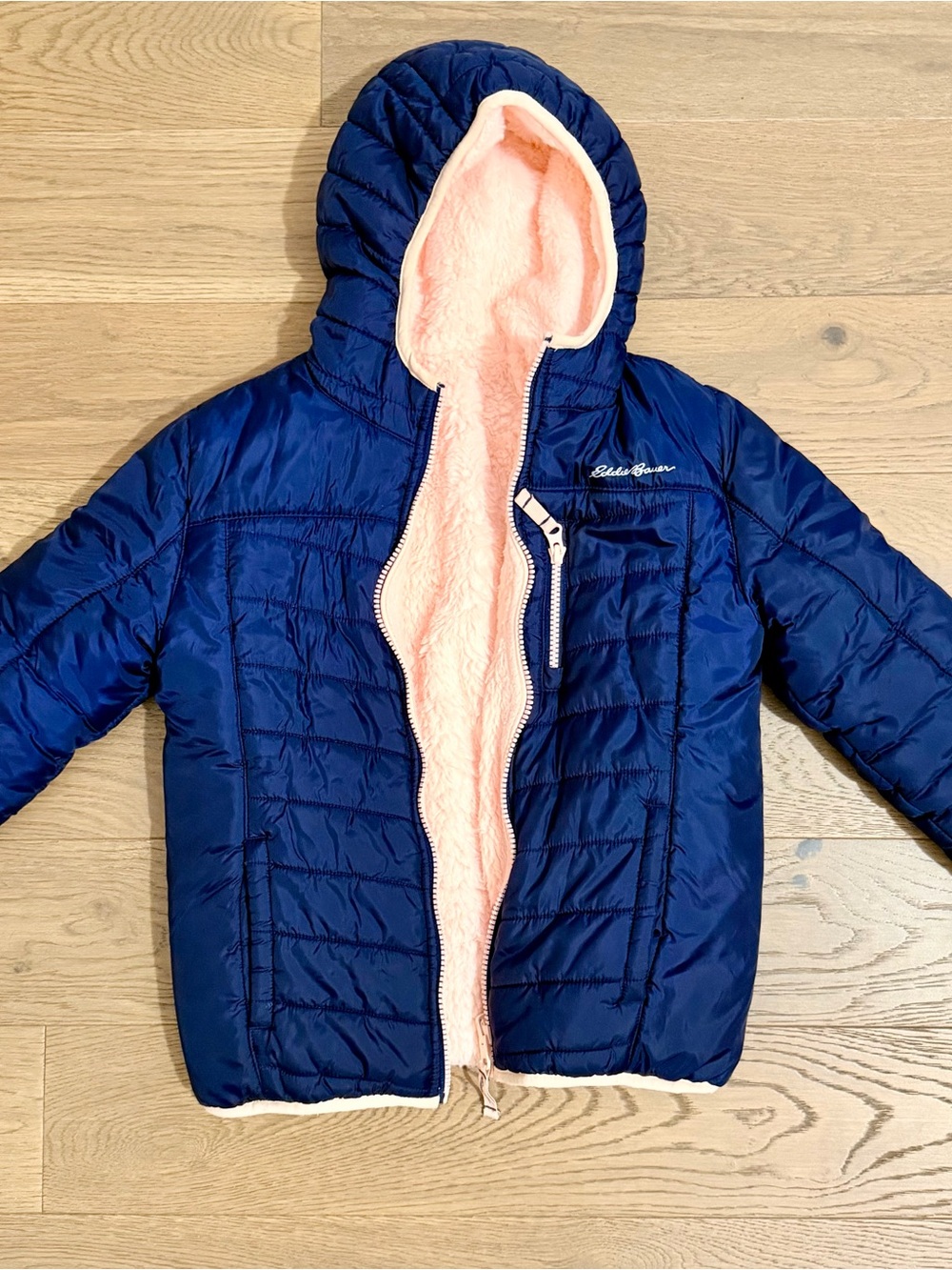 Eddie Bauer Navy Puffer Jacket Reversible with Pink Sherpa